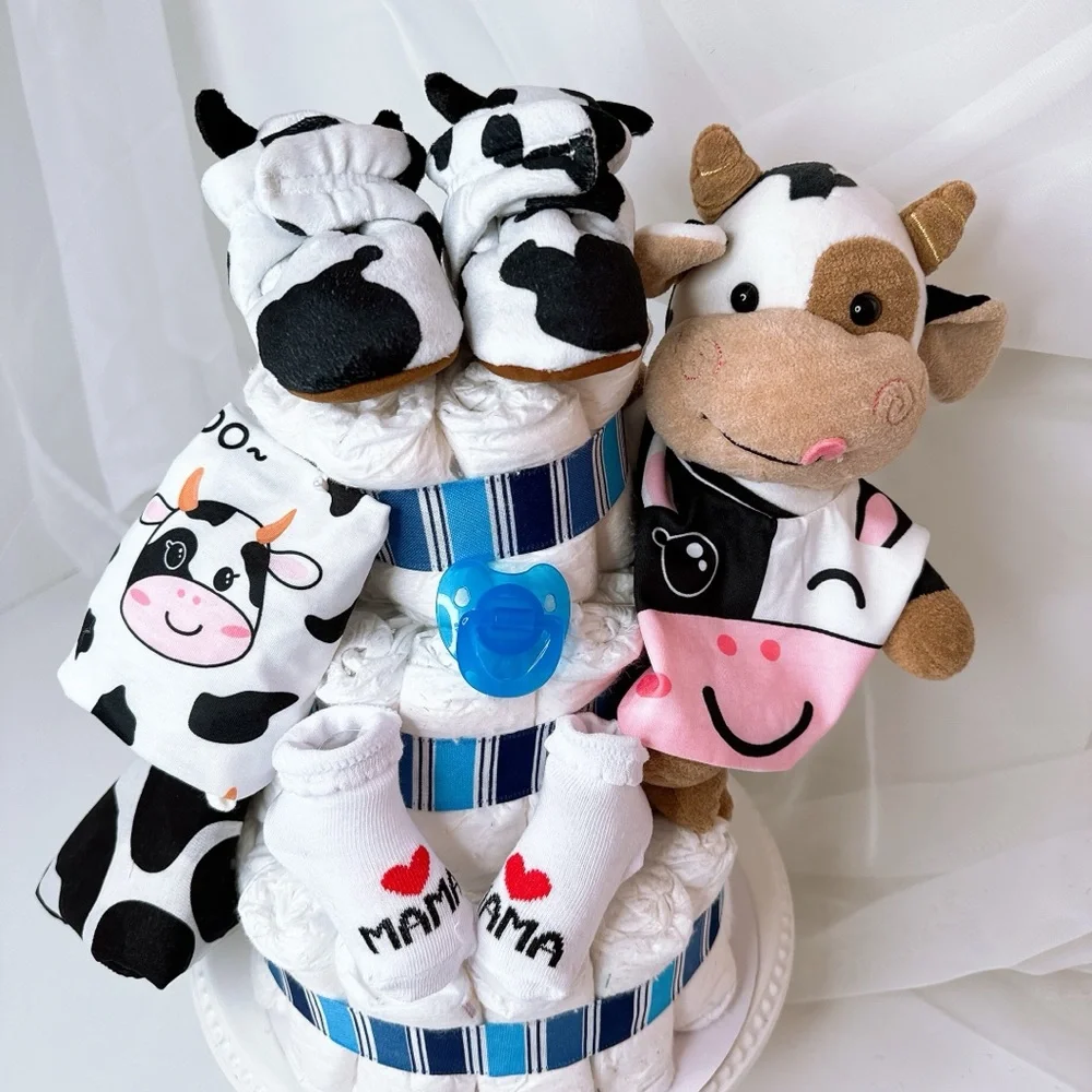 Cow Diaper Cake, Farm Baby Shower, Farm Theme